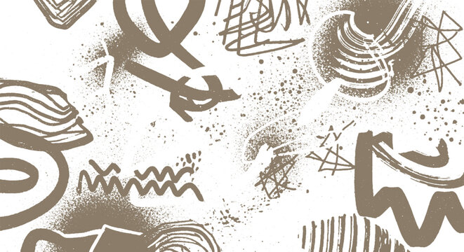 Abstract hand drawn doodles and scribbles with spray paint texture in sepia tones, grunge graphic background, doodle art