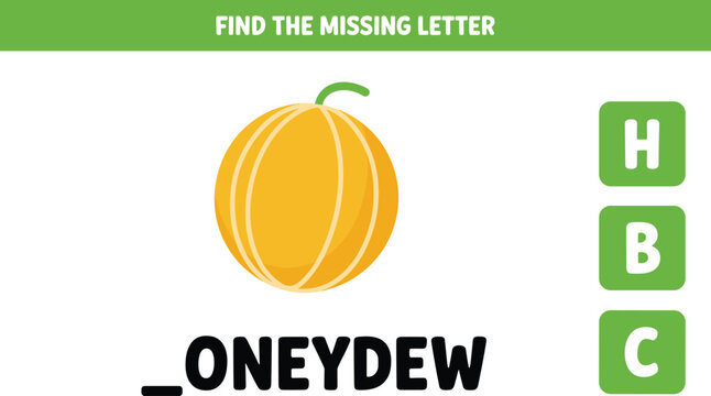 Educational worksheet for children to learn spelling by finding the missing letter of honeydew