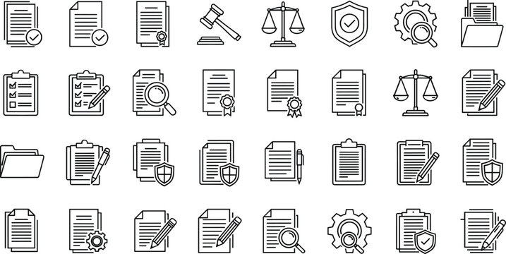 Document management and legal paperwork outline icon set including contract certificate checklist folder security approval and compliance symbols