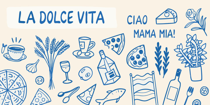 Italian themed doodle art featuring food drink and decorative elements