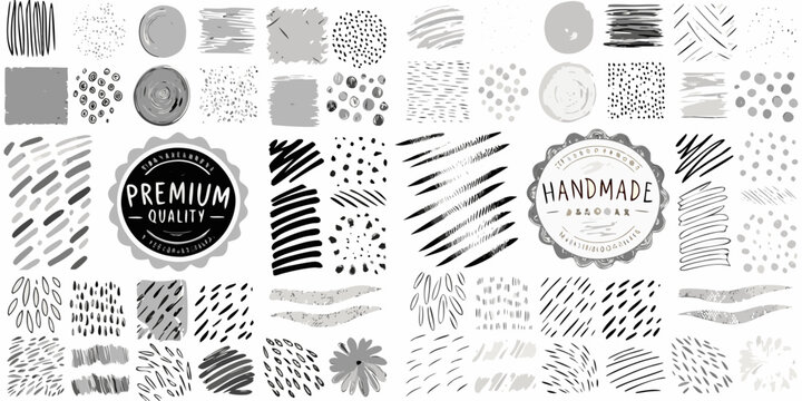 Collection of hand drawn textures patterns and decorative elements in grayscale