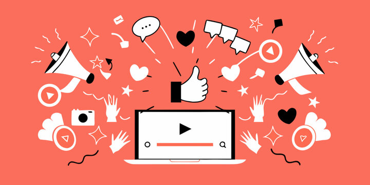 Digital communication and social media interaction bursting from a laptop screen