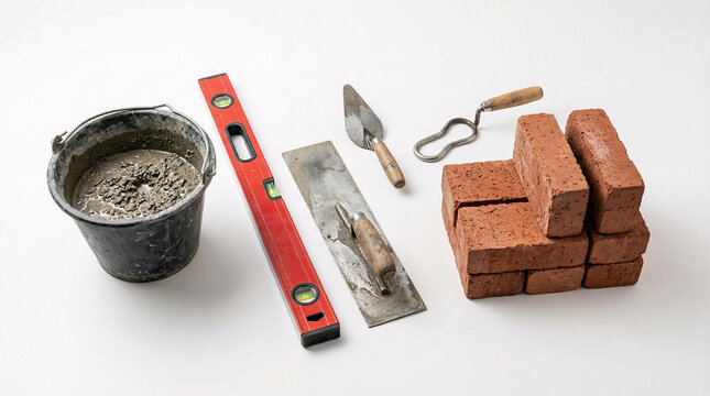 A collection of essential masonry tools including a bucket filled with mortar mix a long red spirit level a metal trowel a pointing tool and a stack of bricks isolated on white background