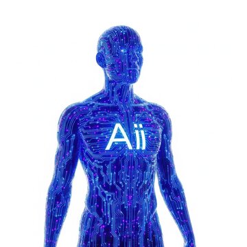 Blue circuit board human figure with aii text on chest