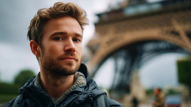 A young man gazes thoughtfully against the backdrop of the iconic Eiffel Tower, reflecting a moment of contemplation amidst a Parisian atmosphere.