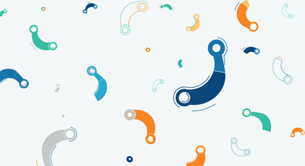 Fototapeta premium Playful seamless pattern featuring scattered, stylized C-shaped or curved link elements in vibrant blue, green, orange, and grey on a white background.