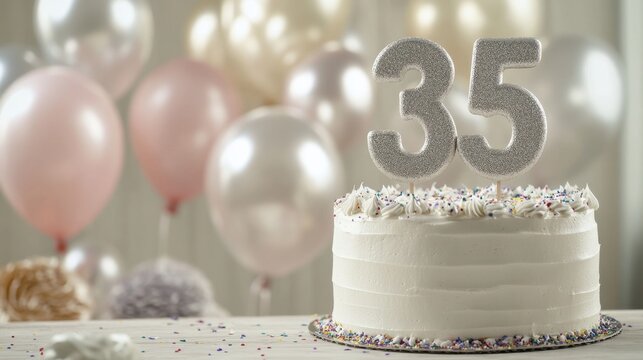 Elegant 35th birthday celebration with cake and balloons for party decorations