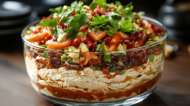 Layered seven-layer dip with salsa, sour cream, beans, cheese, and fresh vegetables National Food Month