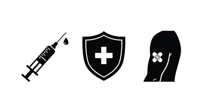 Vaccination symbols syringe shield and arm with bandage silhouette