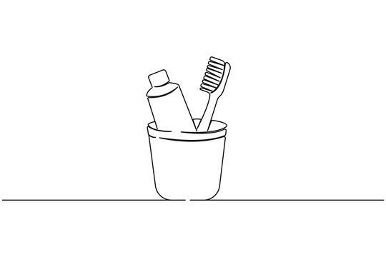Simple hand drawn one line sketch of toothbrush and paste for bathroom interior decor