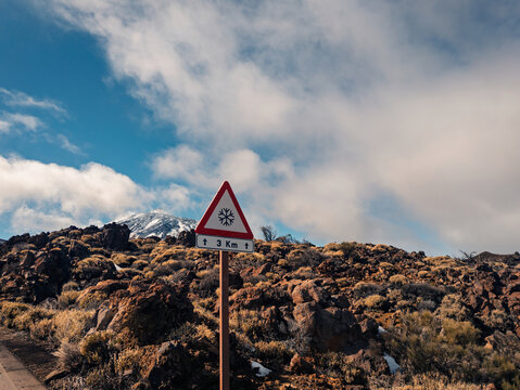 Snow warning sign in Teide National Park, Tenerife