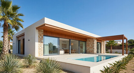Fototapeta premium A modern villa with a swimming pool and palm trees under a clear blue sky.