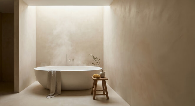 A steamy, minimalist bathroom features a freestanding bathtub with a towel draped over its side, a small wooden stool with a vase and sponge, and a skylight illuminating the serene space.