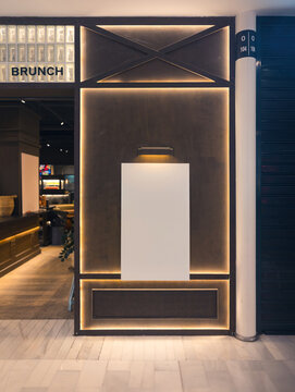 Modern cafe entrance with blank poster ready for design