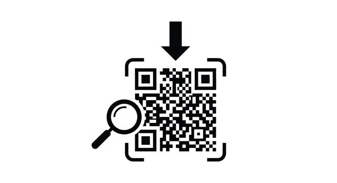 Qr code with magnifying glass and scanning brackets a dark silhouette