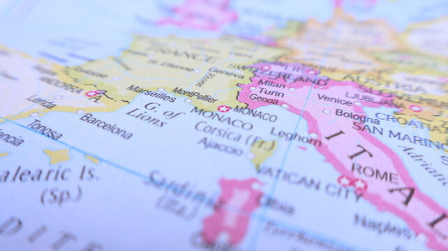 Map of Southern Europe: Italy, France, Spain, Monaco