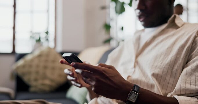 Shocked, man and reading with phone at house for scam, phishing email and fraud notification. Disappointed, male person and mobile for fake news, website glitch and virus warning with hacking threat