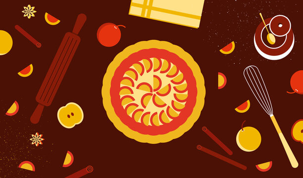 Flat Lay of Fresh Apple Pie Baking Ingredients on Kitchen Table Vector