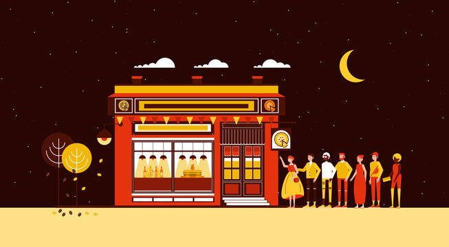 Night City Scene with Crowd of Young People Waiting in Line