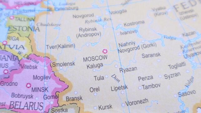 Map of Russia: Moscow, Minsk, Baltic States, close up
