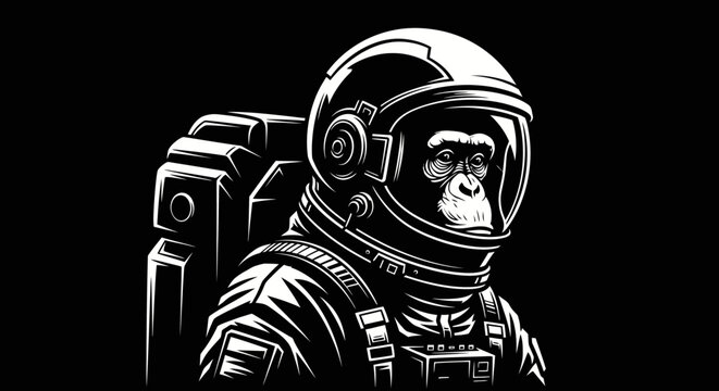 Chimpanzee astronaut in detailed space suit exploring the cosmos.