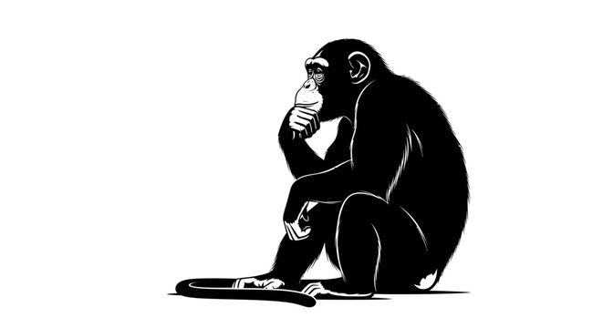 Chimpanzee sitting thoughtfully with hand on chin.