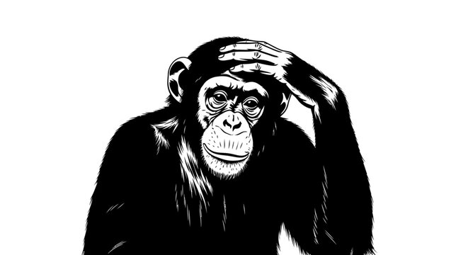 Chimpanzee with hand on head in black and white illustration.