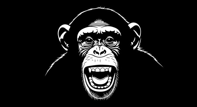 Close-up Black and White Illustration of a Chimpanzees Face.