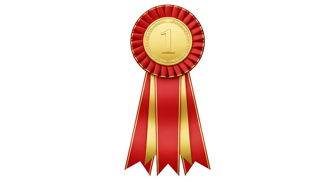A gold and red rosette award ribbon with a number one on it, isolated on white background