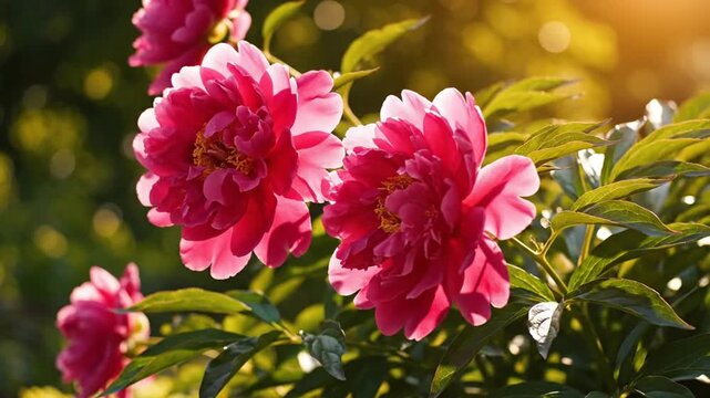 Beautiful pink peonies blooming in the sunlight, a vibrant floral display.