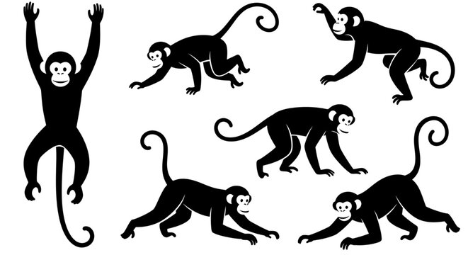 Collection of Silhouetted Monkeys in Various Poses.