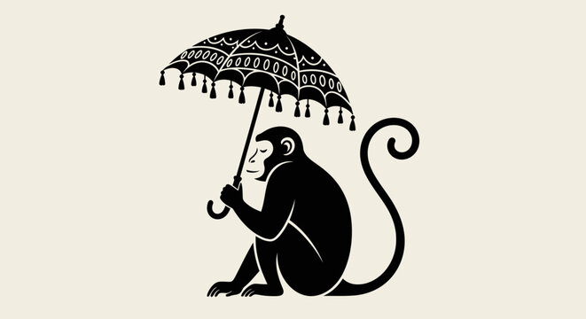 Stylized Silhouette of a Monkey Holding an Ornate Umbrella.