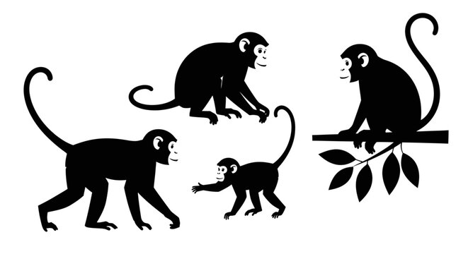 Four Silhouettes of Monkeys in Various Poses.