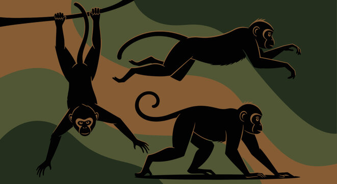 Three Silhouetted Monkeys in Dynamic Poses.