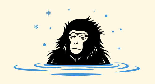 Illustration of a black monkey in water with snowflakes.