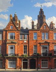 Fototapeta premium A large, red brick building with multiple gables and balconies