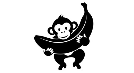 Cute Black Monkey Holding a Large Banana Icon. © Nira