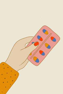 Hand holding colorful vitamin blister pack illustration