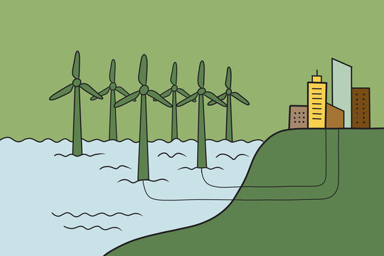 Offshore windmill energy powering a sustainable coastal city