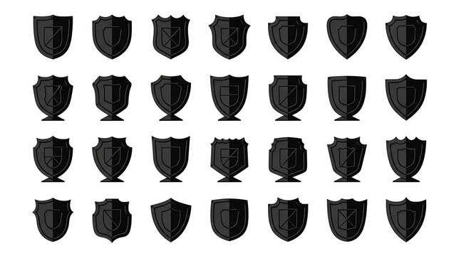 Collection of various black shield icons on isolated white background for security and protection concepts
