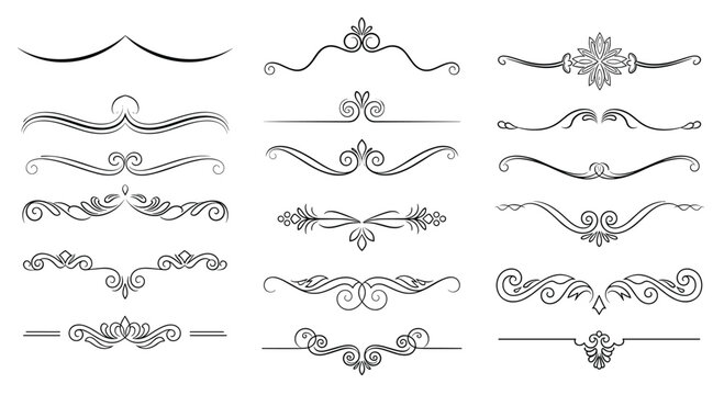 Collection of elegant calligraphic dividers and vintage ornamental page borders for classic graphic design projects.