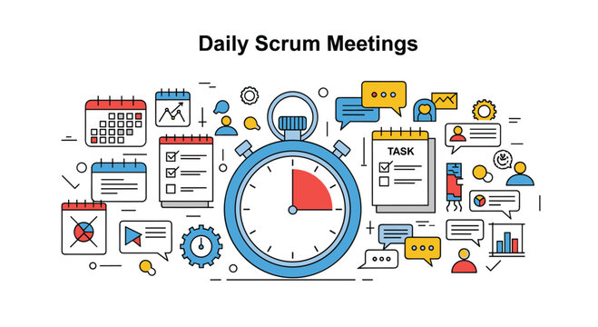 Daily scrum meetings concept for project management showing a stopwatch surrounded by various work productivity icons.