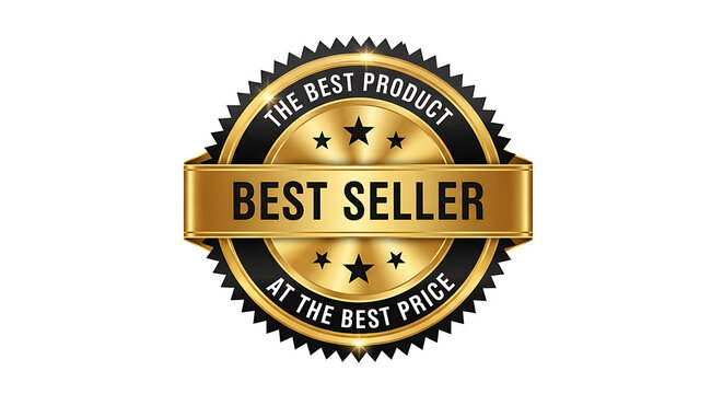 Golden best seller badge with black and white text on a white background