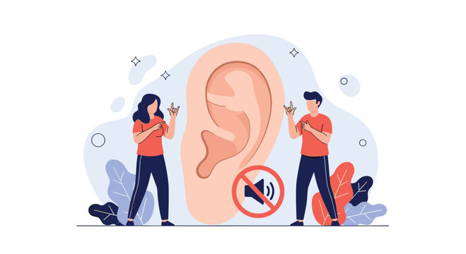 Hearing impaired communication concept with two people using sign language next to a large ear and muted audio icon.