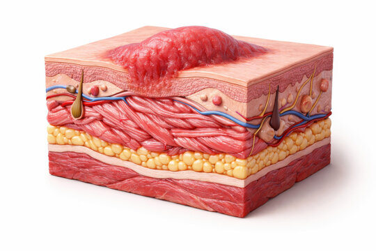 Medical educational cross section of skin with hypertrophic scar formation. detailed view showing collagen fiber overgrowth through tissue layer for scientific study
