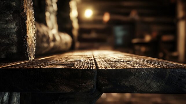 Rustic wooden table with dim lighting