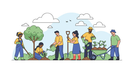 Fototapeta premium Diverse group of people working together to plant young trees and maintain a green garden space in a public park area.