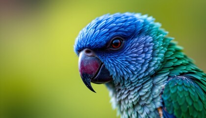 Naklejka premium The image features a close up of a vibrant, colorful bird with striking plumage. Its feathers display shades of blue, green, and hints of white, creating a textured and layered appearance