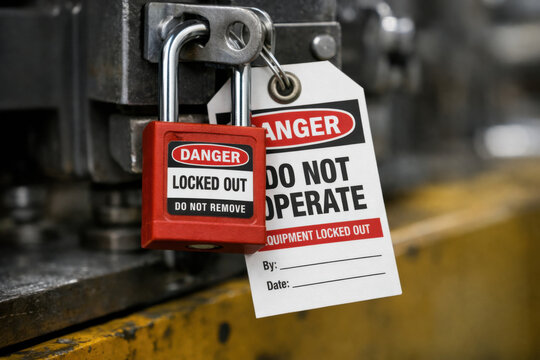 Red padlock with danger tag for lockout tagout safety procedure. warning on equipment states do not operate, serious workplace security measure