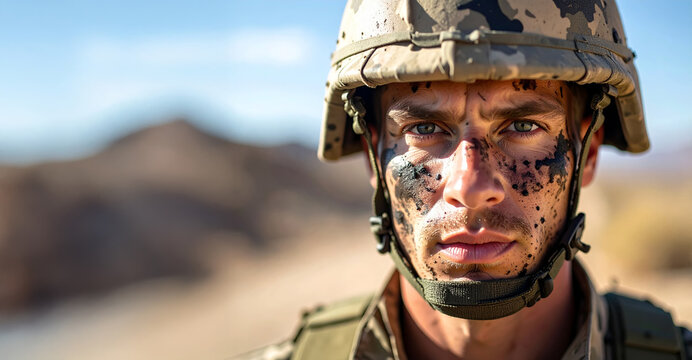 Un soldado del ej&eacute;rcito con casco militar expresi&oacute;n dura y rostro manchado en concepto de combate y conflicto b&eacute;lico armado, o el no a la guerra